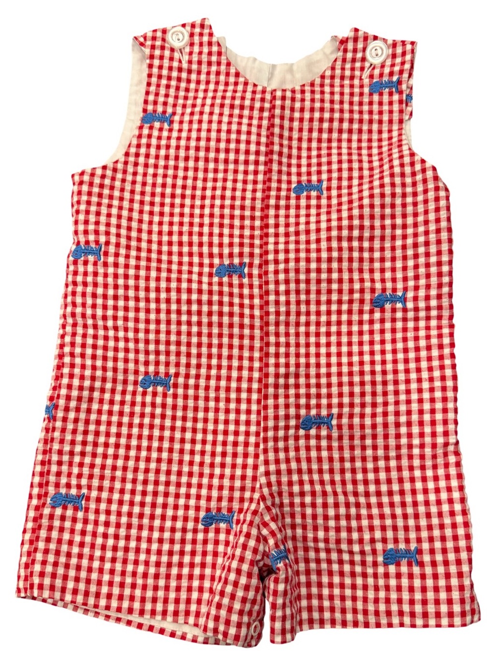 Kelly's Kids 2T Red Gingham Romper with Blue Fish Embroidery